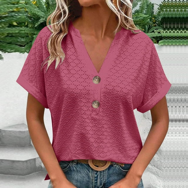 Soki Short Sleeve Womens Tops Summer V Neck T-Shirts Dressy Casual Henley Blouses Button Basic Tee Loose Fit
