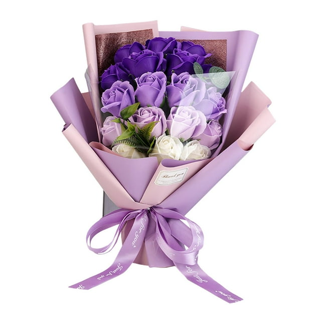 Ramo de flores de escritorio con rosas de jabón para la ceremonia de compromiso del Día de la Madre Púrpura