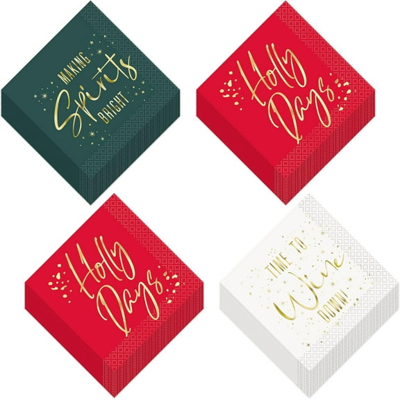 Christmas Party Beverage Napkins Assorted Modern Holiday Metallic Cocktail and Dessert Napkin Set (16 Count of Each Design, 48 Napkins Total)