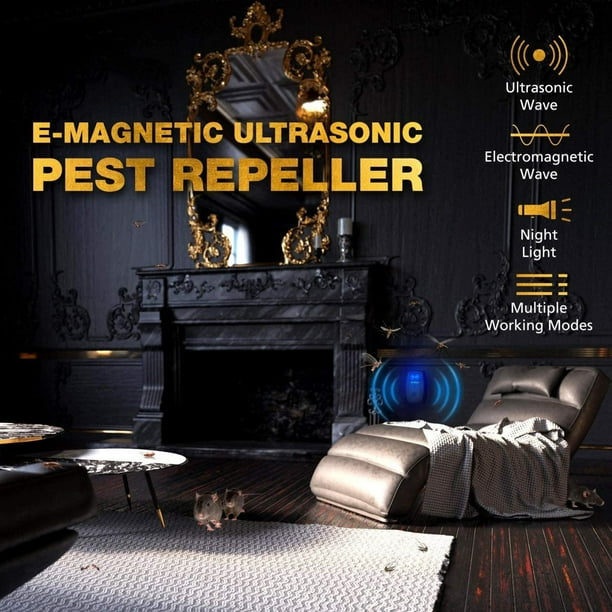 Enchufe ultrasónico - 2020 Nuevo - Electrónico para exteriores/interiores - Deshágase de ratas, ratones, ardillas, insectos, abejas, cucarachas, moscas, arañas, mosquitos, seguro para mascotas (negro) Ormromra WRMH-586