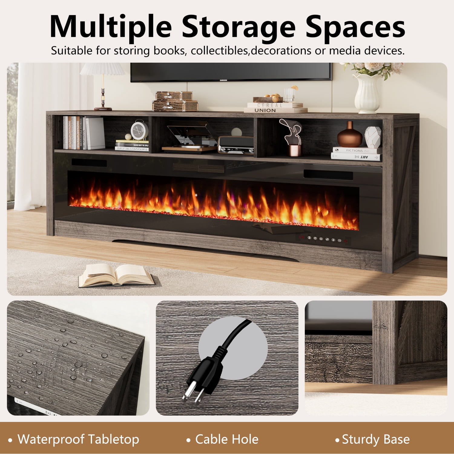 BOSSIN 65 Inches Fireplace TV Stand with 60" Electric Fireplace Up to 75" TV, Entertainment Center with Open Shelve Storage for Living Room