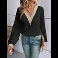 thumbnail image 4 of Blusas Elegantes e Informales con Cuello en V para Mujer, Blusas de Encaje de Larga, Blusas Tipo Túnica de Jacquard A para Otoño. Negro M, 4 of 9