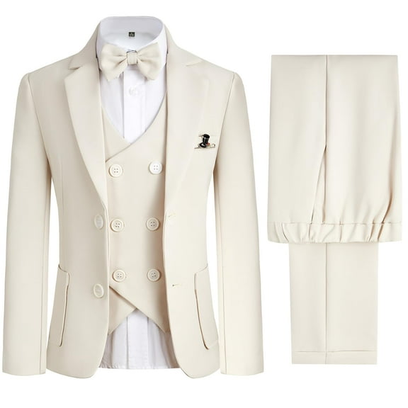 ETHAN Boys Suit 4 Piece Slim Fit Suit for Wedding Formal Wear Ring Bearer Outfit Jacket and Pants Beige 2T