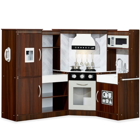 Best Choice Products Pretend Play Corner Kitchen Interactive Wooden Kids Set w/ Lights & Sounds - Espresso
