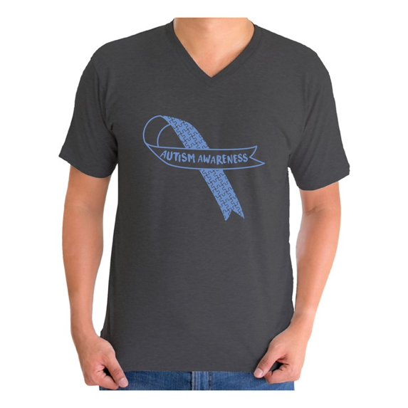 Awkward Styles Men's Autism Awareness Blue Ribbon Graphic V-neck T-shirt Tops Autistic Support