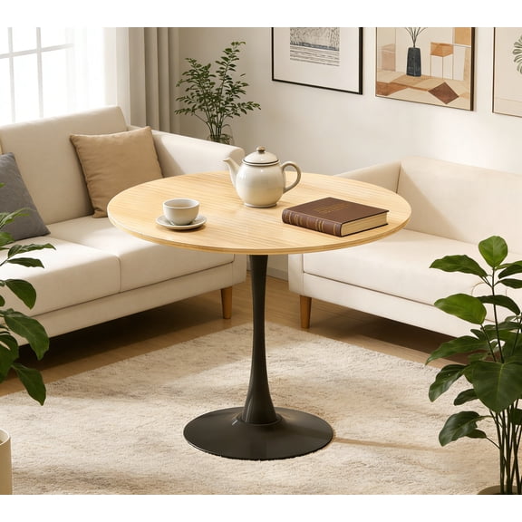 DRNANLIT 31.5" Round Modern Dining Table, Natural Wood Color – MDF Top with Steel Tulip Base, Mid-Century Kitchen Table, Coffee Table, or Desk for Small Spaces