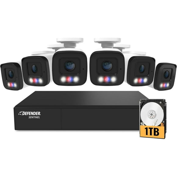 AI Powered Defender Sentinel 4K UHD Wired PoE Security Camera System with 1TB 8Ch NVR, 6 Outdoor Surveillance Metal 8MP/4K Cameras, Smart AI Human Detection, Blue-Red Flashing Deterrence, Mobile App