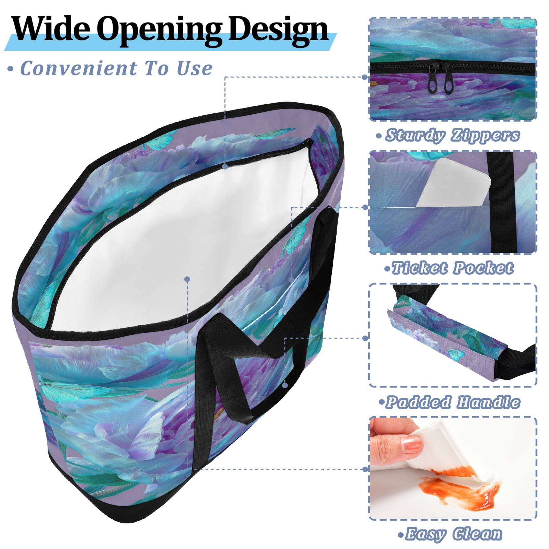 Large Hand-held Ice Pack Picnic Bag Insulation and Refrigeration Suitable for Shopping Picnics and Camping Purple Flower Butterfly