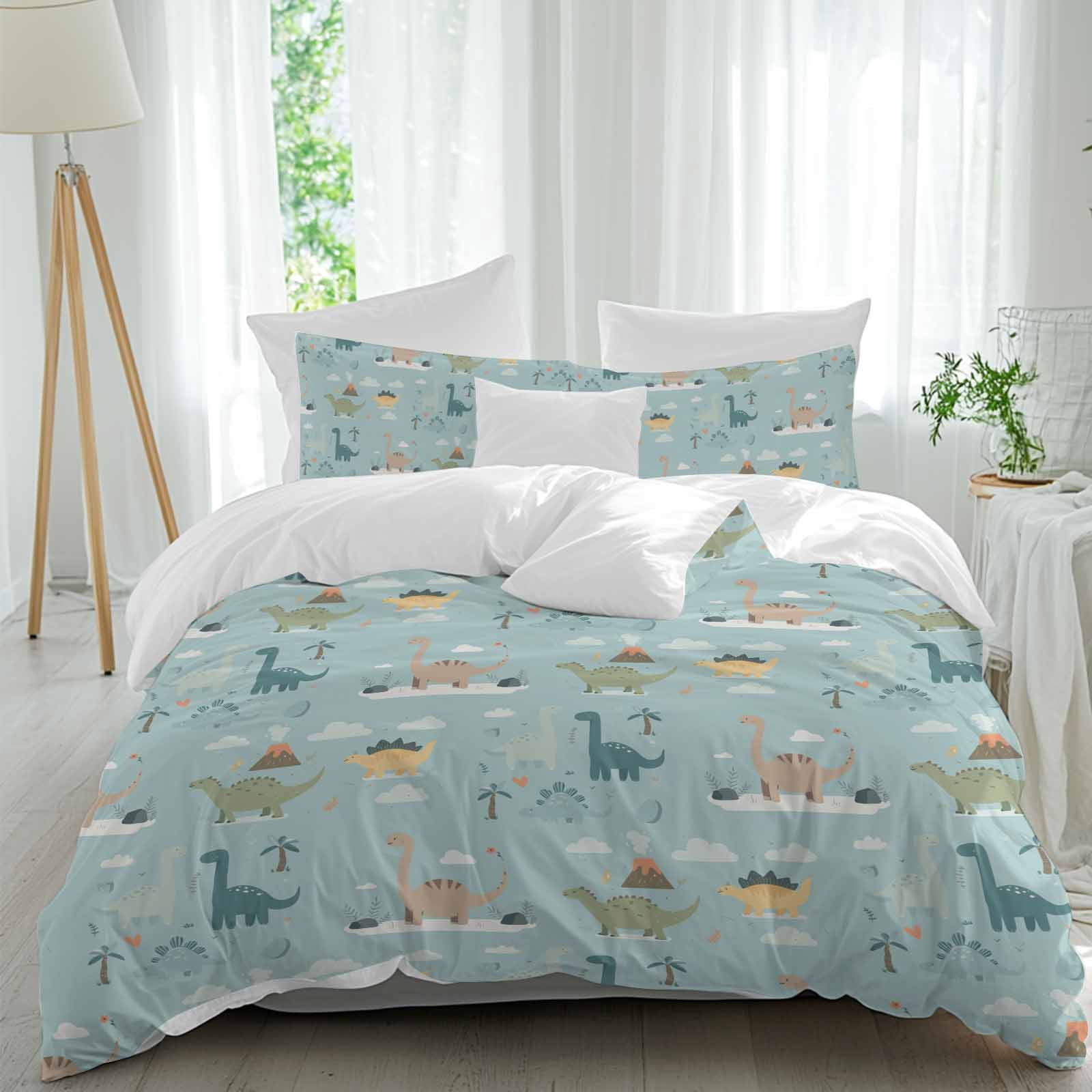 Cartoon Animals Bedding 3 Piece Duvet Cover Set Full Size, Funny Dinosaur Tropical Plants Blue Green Microfiber Comforter Cover with Zipper Closure & Pillowcases, Wrinkle & FadeResistant Quilt Cover
