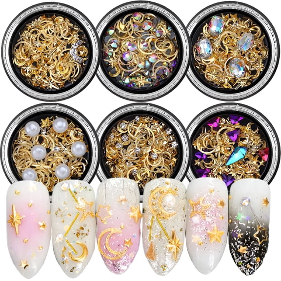 RAGUPEL 3D Nail Art Decoration Accessories, Gold Star Moon Design Jewels Decal Fingernails and Toenails Decorations Tips Manicure Supplies, 6 Pieces