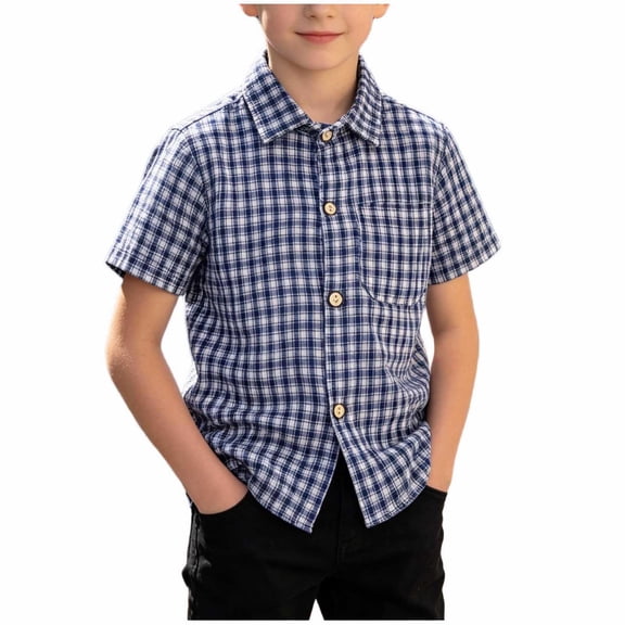 Atogsazn Toddler Baby Boys Plaid Shirt Kids Dressy Casual Button Up Short Sleeve Shirts Summer Tops with Pocket Blue 2-3 Years Fashion