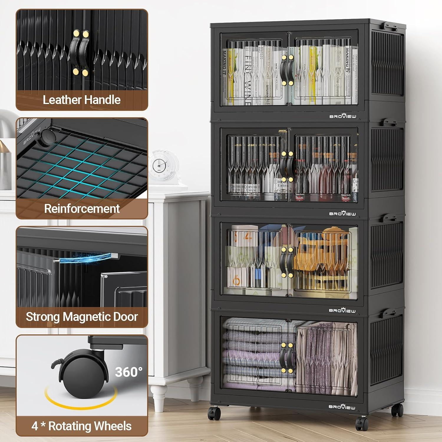 BROVIEW 240Qt Stackable Storage Bins with Lid, Plastic Closet Organizers and Storage Drawer, Collapsible Storage Box with Wheels, Folding Storage Cabinet for Closet Clothes Organization, 3Pack Black