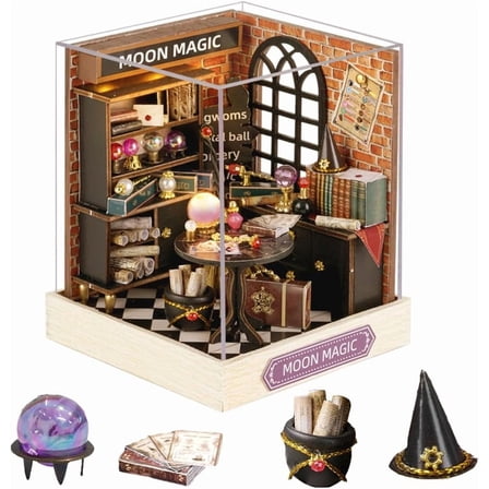 1:24 Scale Creative Room Mini Wooden Doll House Plus Dust Proof,DIY Miniature Dollhouse Kit with Furniture for Adults (Moon Magic)