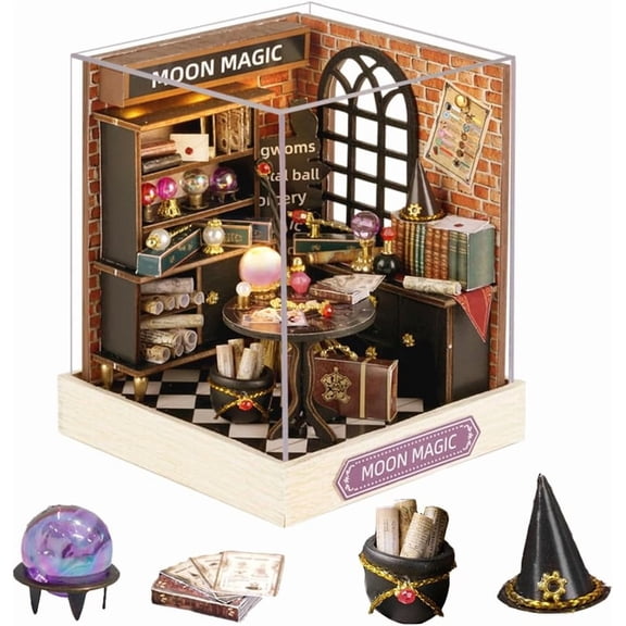 1:24 Scale Creative Room Mini Wooden Doll House Plus Dust Proof,DIY Miniature Dollhouse Kit with Furniture for Adults (Moon Magic)