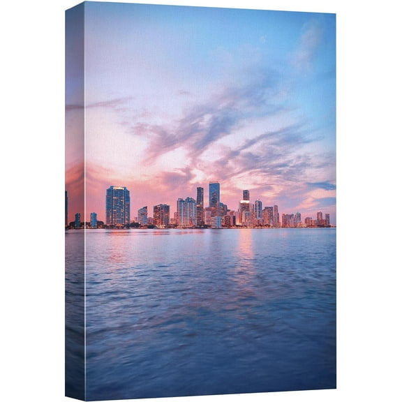 Wall26 Canvas Print Wall Art Harbor View City Pastel Sunset Cityscape Print Skyline Downtown Buildings Photography Art Realism Decor Panoramic Multicolor Landscape Scenic Modern Art - 12" x 18"