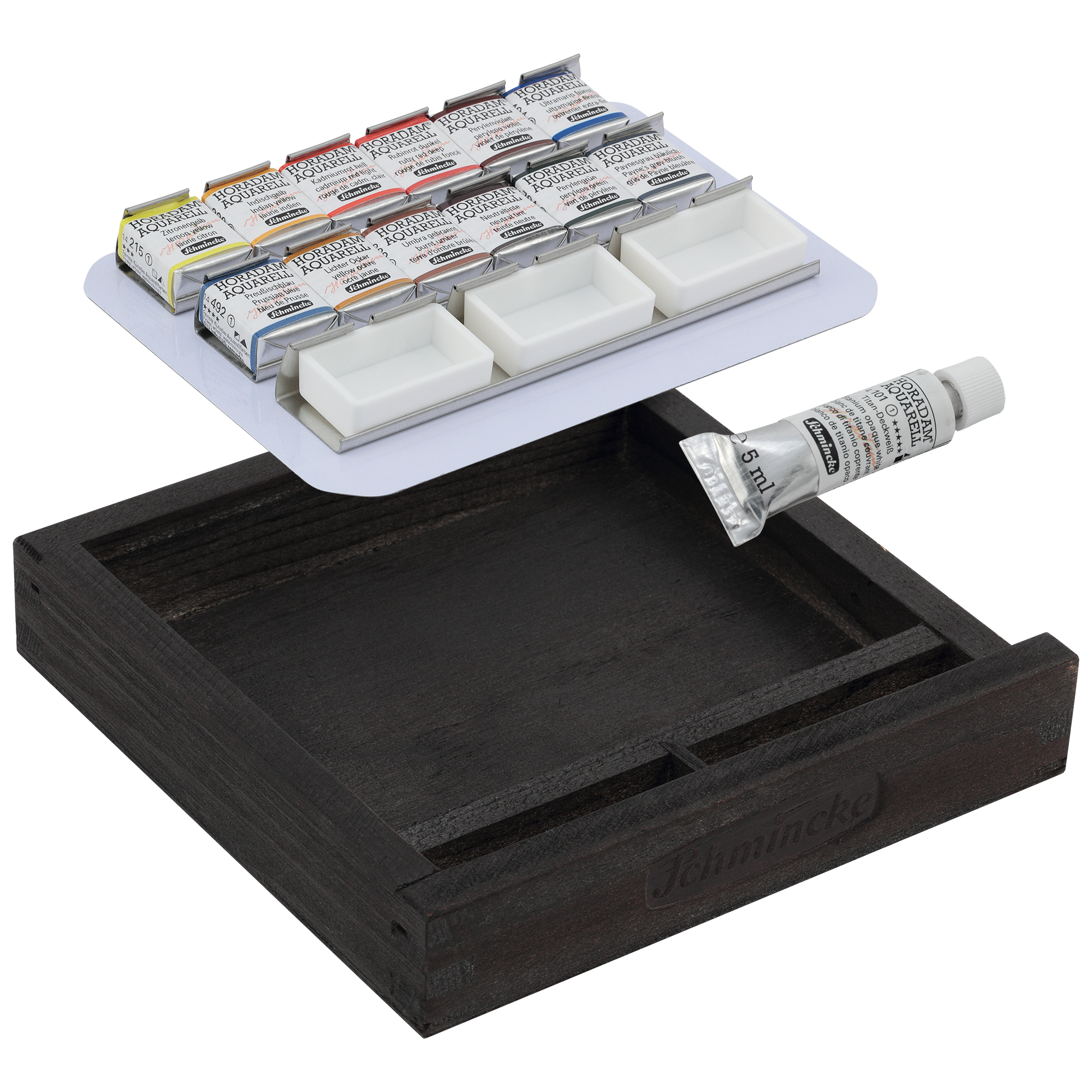 Schmincke Horadam Watercolor Set - Exclusive Limited Edition Wooden Box -12 Half Pans, 5ml Titanium White, 3 Empty Pans, Made in Germany for professionals, artists, painters