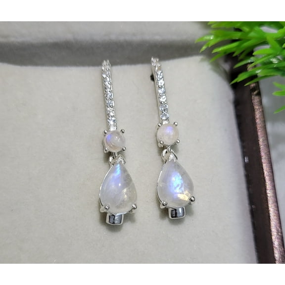 Art Deco Rainbow Moonstone Victorian Dangle/Drop Earrings 925 Solid Sterling Silver Birthstone Earrings - Gemstone Earrings - Women's Jewelry