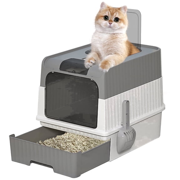 ATUPEN Enclosed Cat Litter Box with Lid, Large Litter Scoop High Wall Sides Enclosure(Grey)