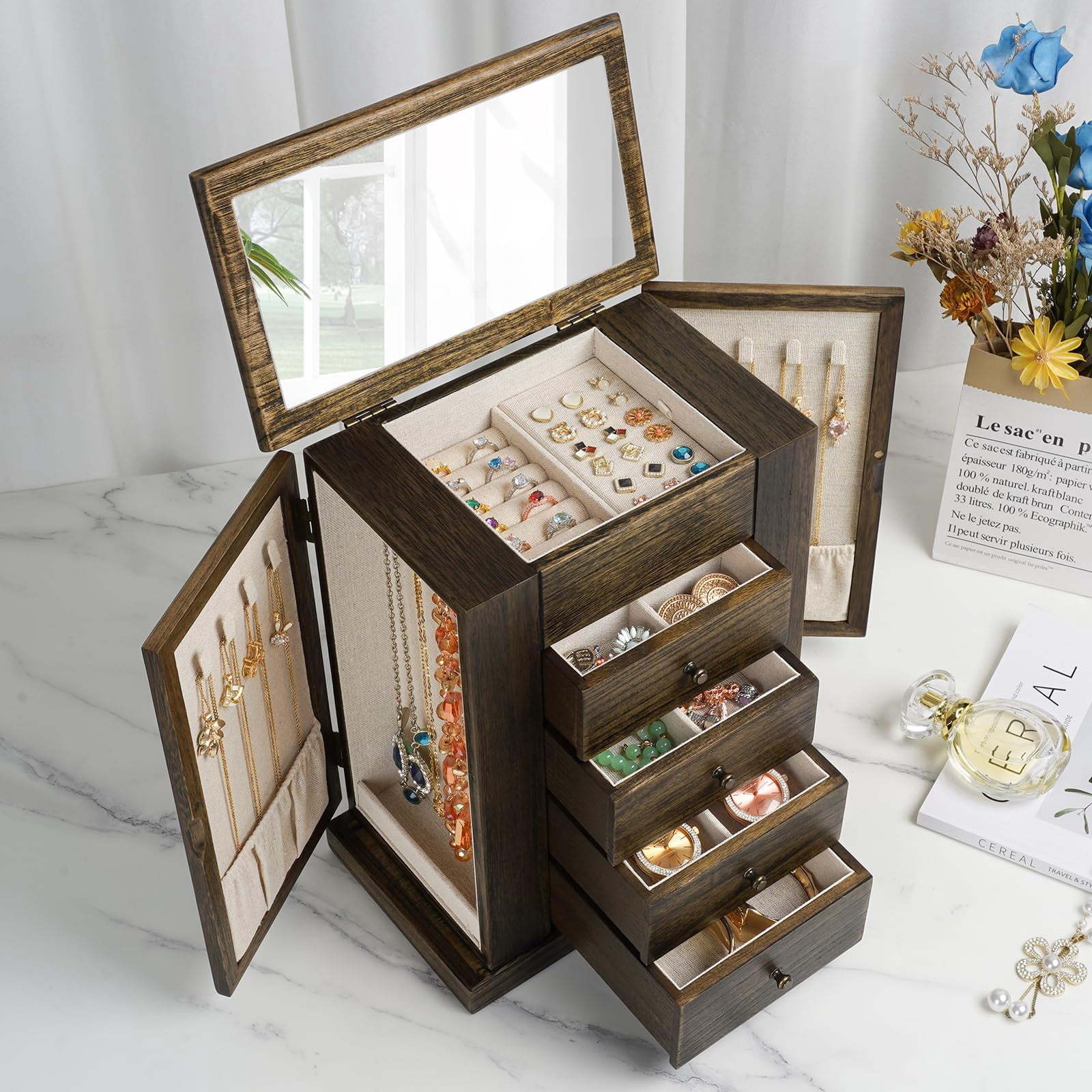 Jewelry Box for Women, 5 Layer Large Wood Boxes & Organizers for Necklaces Earrings Rings Bracelets, Rustic Organizer with Drawers and Mirror, Light Taupe