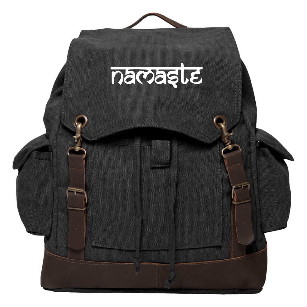 Namaste Tibet Buddha Rucksack Backpack with Leather Straps Khaki & Bk