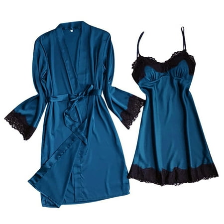 

wendunide pajama set for women Womens Plus Size Eyelash Lace Lingerie V-neck Lace Details Pajamas Blue M