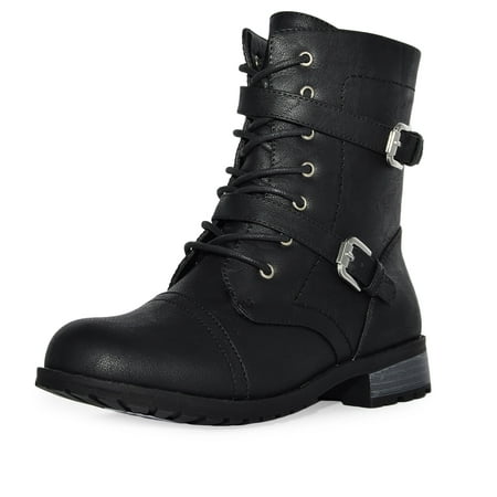 

Wild Diva Women s Faux Leather Strappy Buckle Military Combat Fashion Lace Up Ankle Boots (Black 8)
