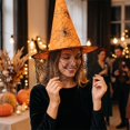 thumbnail image 4 of Halloween Witch Hat Oxford Fabric with Mesh Netting, Pointed Cone Costume Hat with Wide Brim, Wizard Headwear for Party Dress Up Cosplay Event Saffron, 4 of 7