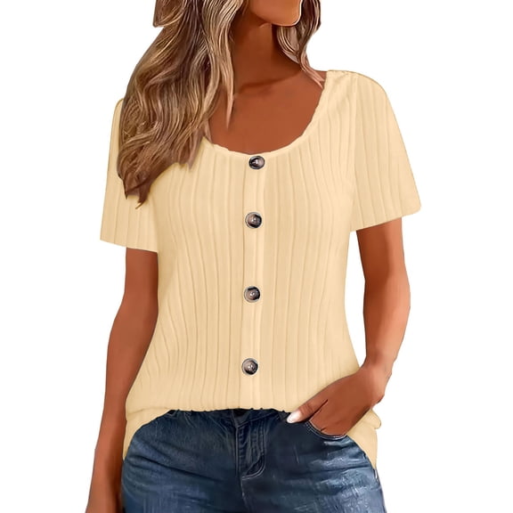 Oplxuo Womens Short Sleeve Ribbed Knit Sweater Tops Button Down Blouses Casual Summer Crew Neck Pullover Tops