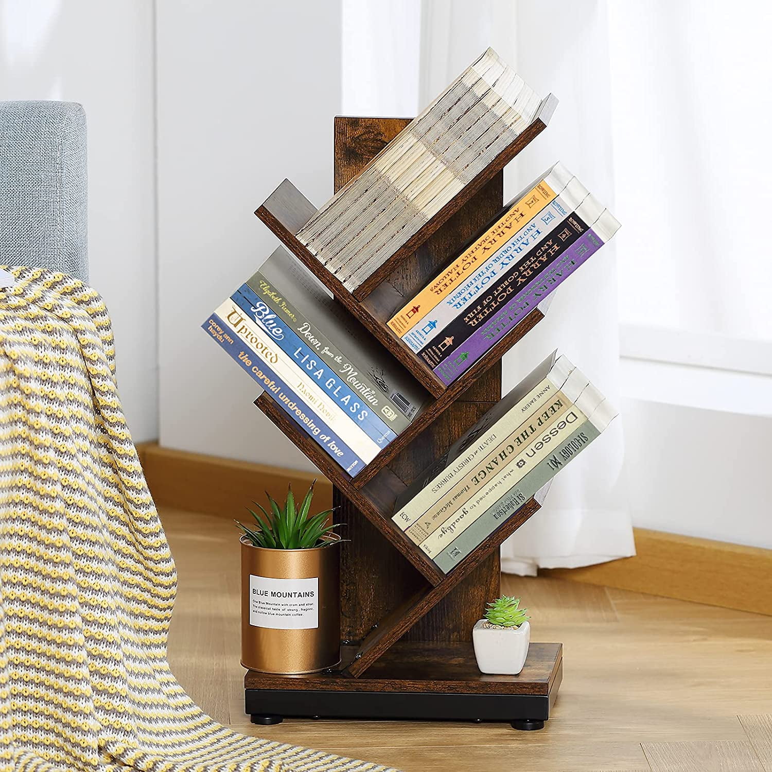 Tree Bookshelf Set of 2 Bamboo Wood Bookcase Rack 4Tier Book Rack