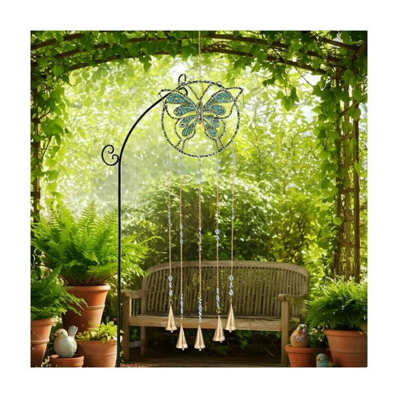 Butterfly Garden Decor Wind Chimes for Outside - Metal and Glass Beads Windchime with Small Bell Chime - Outdoor Home Hanging Decoration for Patio, Porch, and Sun Room - 34", Blue & Gold