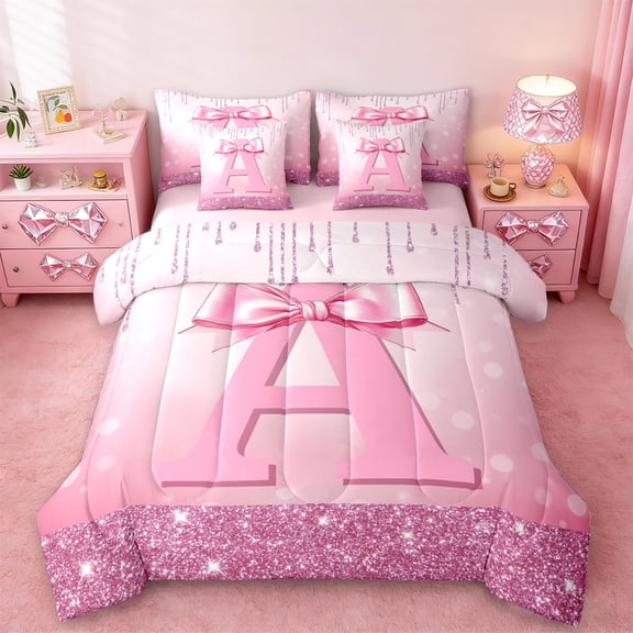 jejeloiu Monogrammed A Twin Bedding Sets 7-Piece,Cute Girls Bowtie Bedding Comforter Set,Pink Glitter Print Sheet Sets For Child,Microfiber Room Decorative Reversible