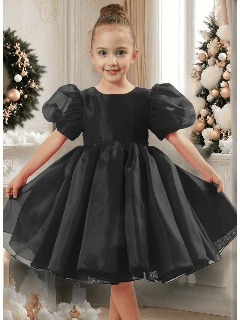 black toddler dresses special occasion Flower Girl Dress Organza Toddler Dresses Puff Sleeve & Bow Bcak Girls  Princess Dress for Wedding Birthday -Red-4Y