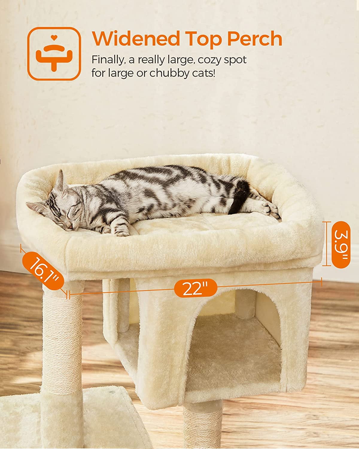 Cat Tree 33.1-Inch Cat Tower for Large Cats up to 16 lb, Large Perch, 2 Cat Caves, Scratching Post, Beige