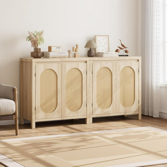 BouPower 33.1" Rattan Storage Cabinet with 2 PVC Woven Doors, Wooden Sideboard Buffet, with Adjustable Shelf, Multifunctional Cupboard, Wood Coffee Bar Cabinet, for Office Living Room Hallway Kitchen