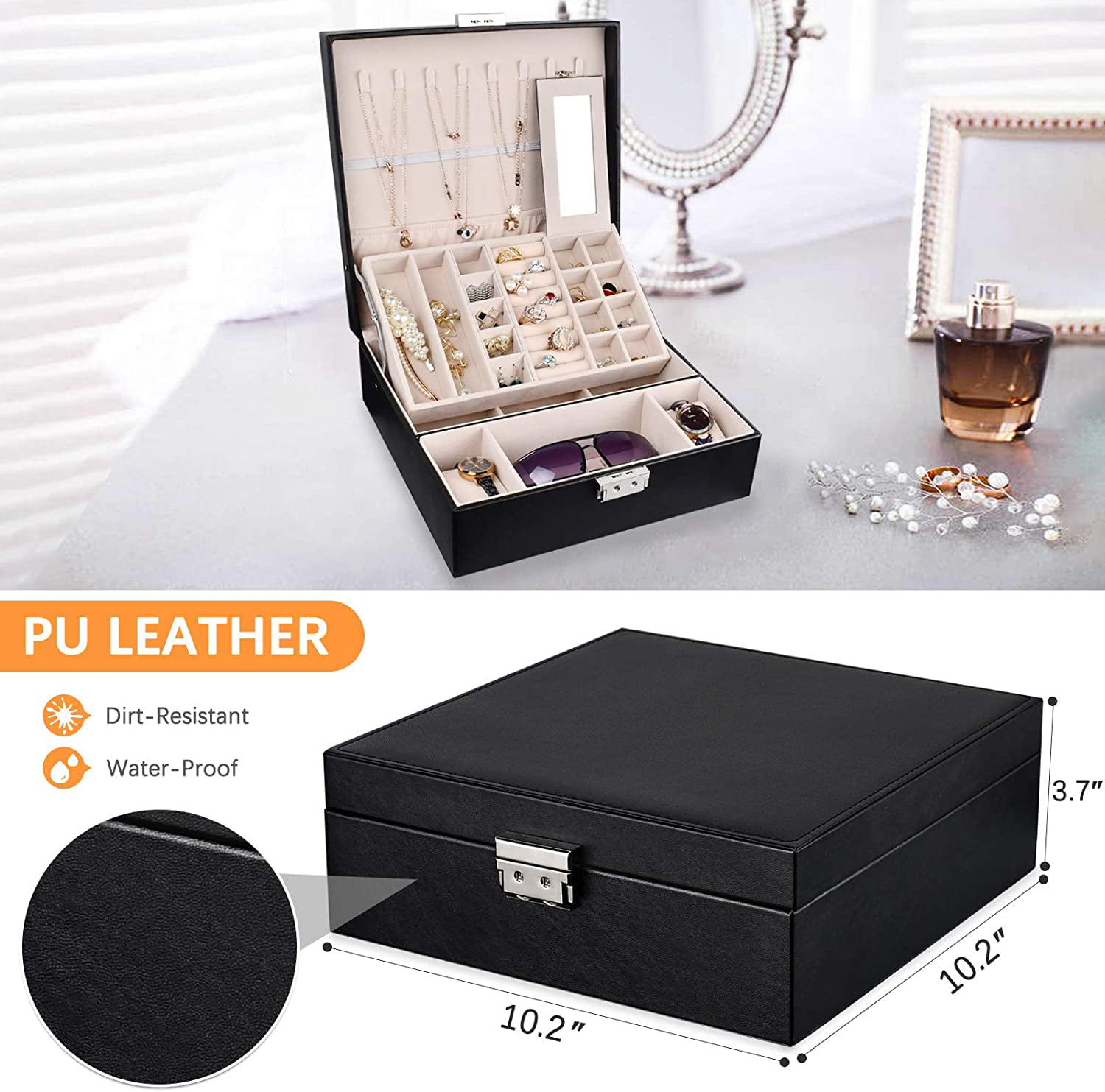 Two Layers Black Large Womens Jewelry Storage Boxes with Key Lock Pu Leather 