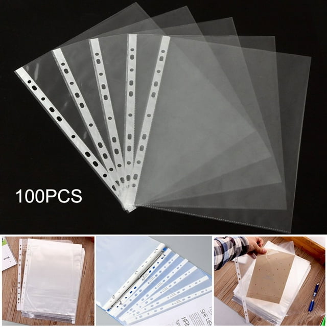 100Pcs A4 Plastic Punched Pockets Folders Filing 11 Holes Loose Leaf Documents Sheet Protectors Transparent Folder Bag
