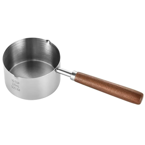 Olla de acero inoxidable para aceite caliente con mango de madera. Mini olla para verter y calentar leche, jarabe, salsa y chocolate. Boquilla de doble cara para verter hacia la izquierda o la