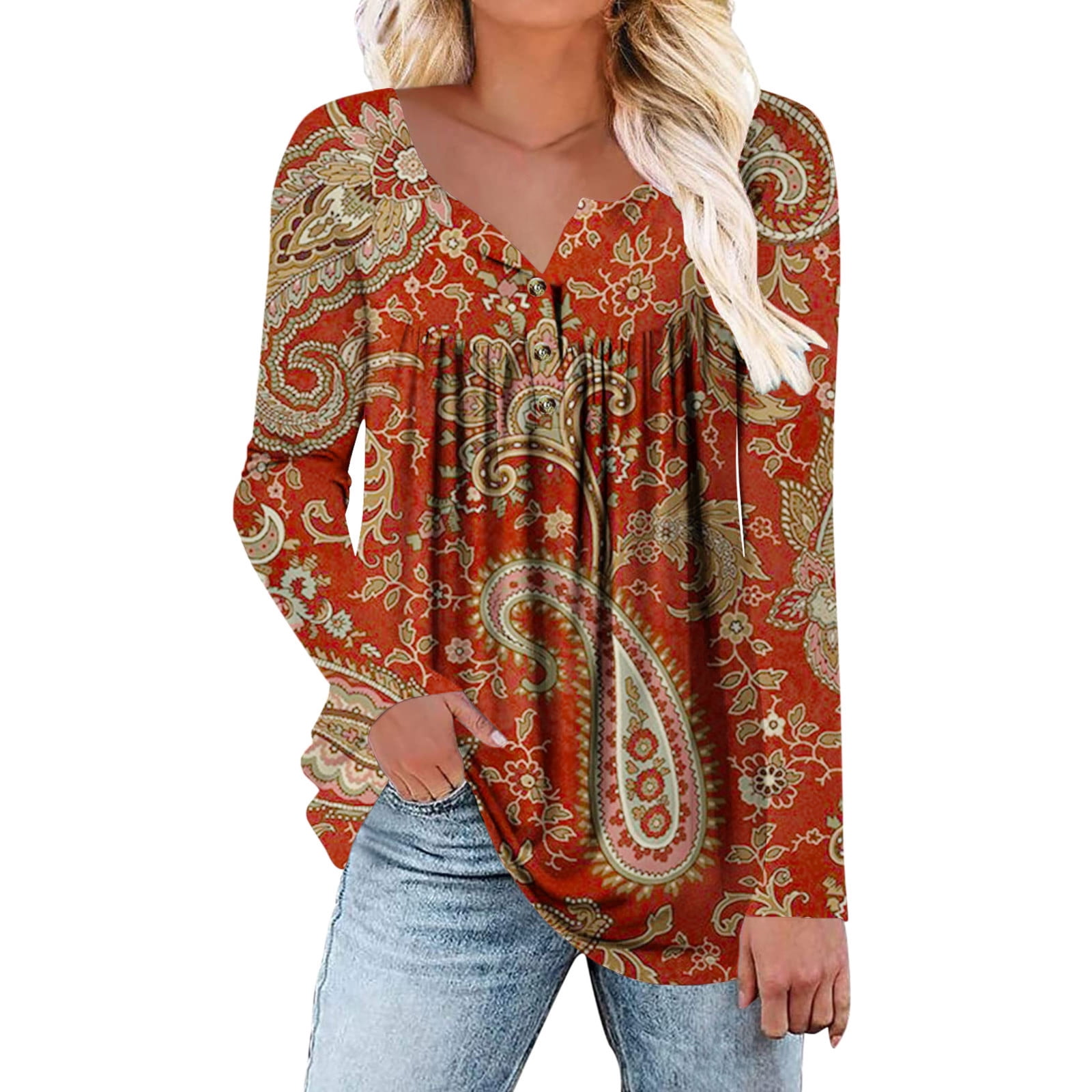 Yihaojia Women's 3/4 Sleeve V-Neck Henley Blouse - Casual Work Tops, Stretch Polyester Rayon Blend