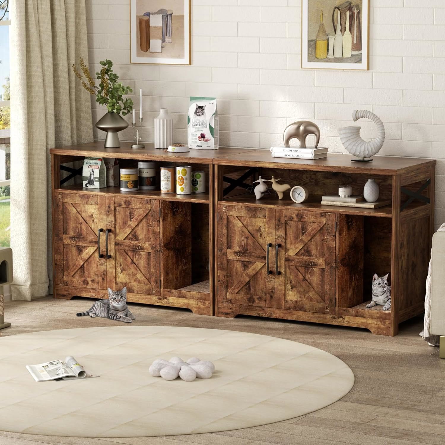 VEANERWOOD Cat Litter Box Enclosure with Cat Scratch Pad,Hidden Cat Washroom Furniture with Entry Open Compartment,Retro Brown