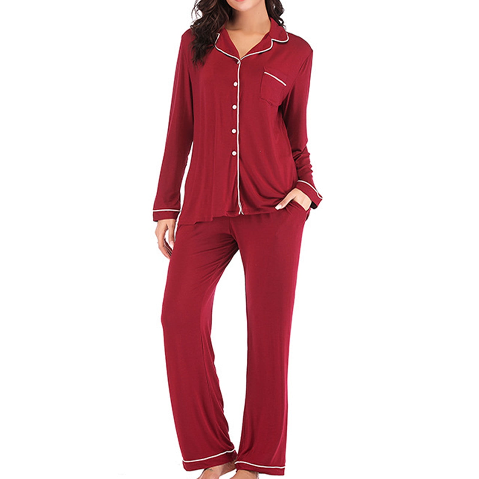BONIXOOM Christmas Pajamas For Women Matching Family Christmas Pajamas Loungewear None Long Sleeve Sleepwear Sets Solid Wine M