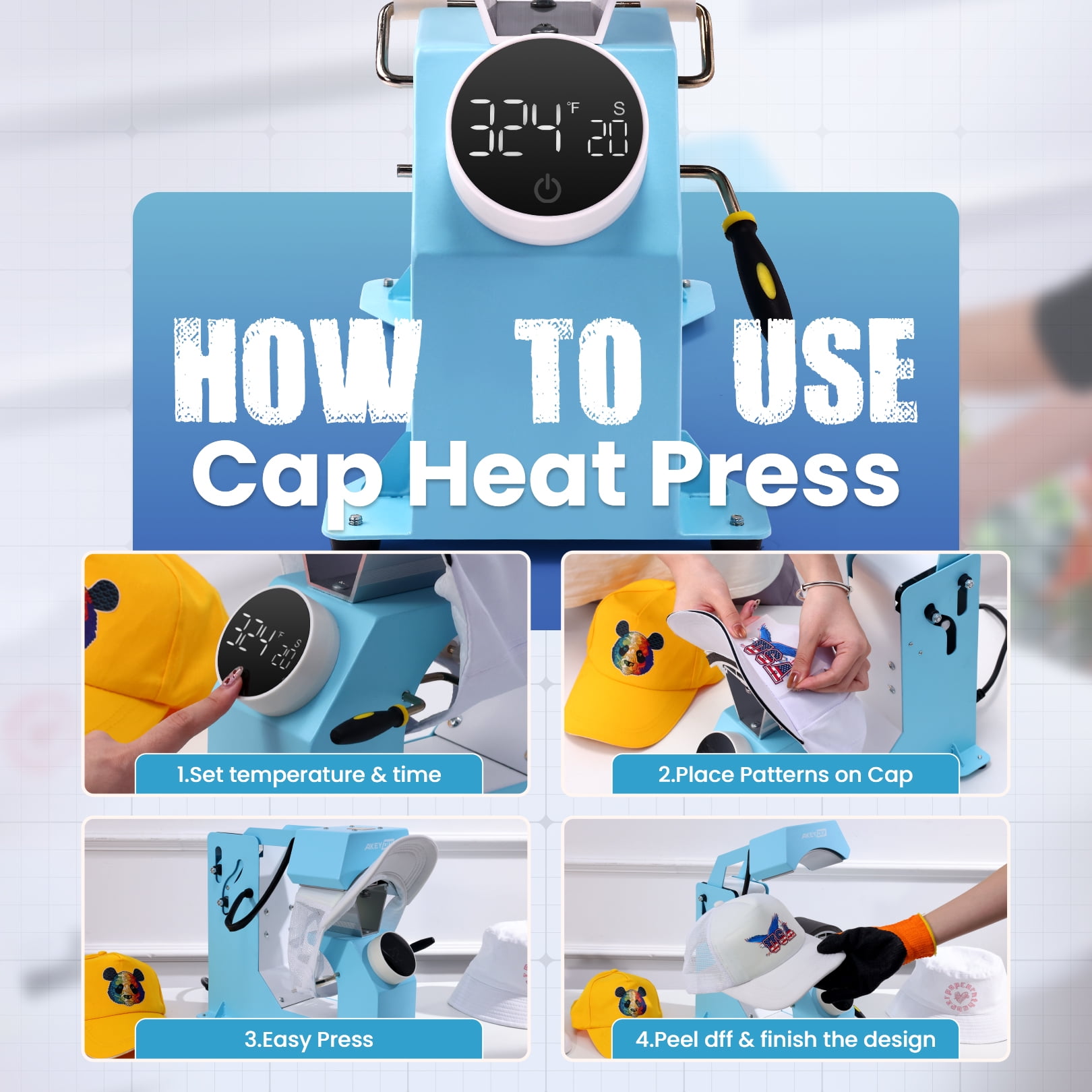 Adnoom 3-in-1 Hat Heat Press, Auto Cap Heat Press Machine with 3 Platens, Blue