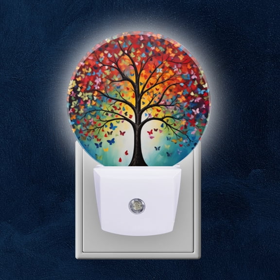 Round LED Night Lights Lamp with Dusk to Dawn Sensor, Tree With Colorful Leaves And Butterflies Night Light Plug Into Wall for Kids Room, Bedroom, Bathroom, Kitchen, Hallway