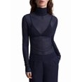 thumbnail image 1 of Top de Larga Ajustado de de Color Liso con Cuello Alto para Mujer, Camisa Transparente. Azul Oscuro M, 1 of 6