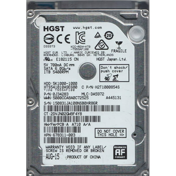 HTS541010A9E680, PN 0J34283, MLC DA5972, Hitachi 1TB SATA 2.5 Hard Drive