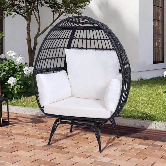 TUAREX Oversized 360 Swivel Egg Chair, Rattan Wicker Patio Egg Chair for Outdoor Indoor with Overstuffed Cushions, Black Rattan, Beige Cushion