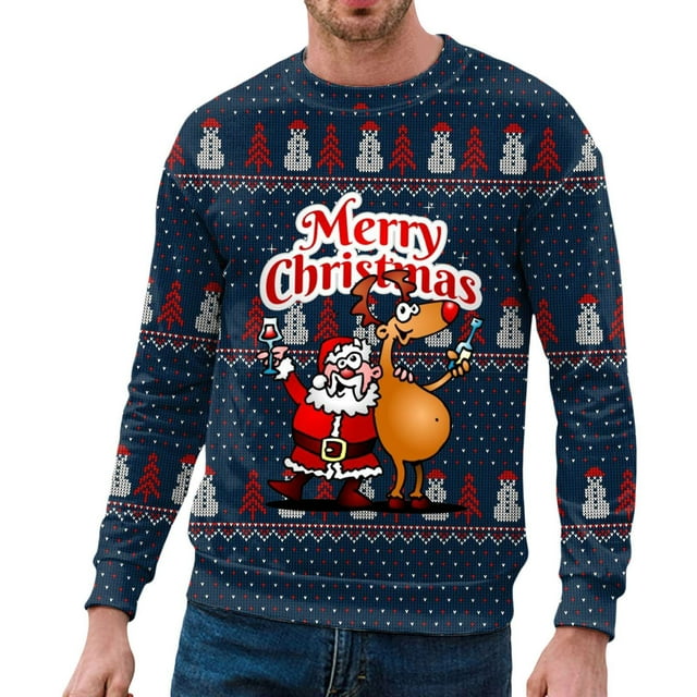 OJinShaWanO Chandail à Capuche Graphique pour Hommes Automne et Hiver Décontracté Imprimé de Noël Chandail Col Rond