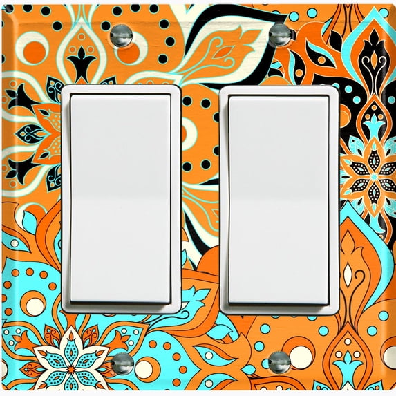 Metal Light Switch Plate Cover Orange Teal Flower Mandala Tile Pattern MDL016