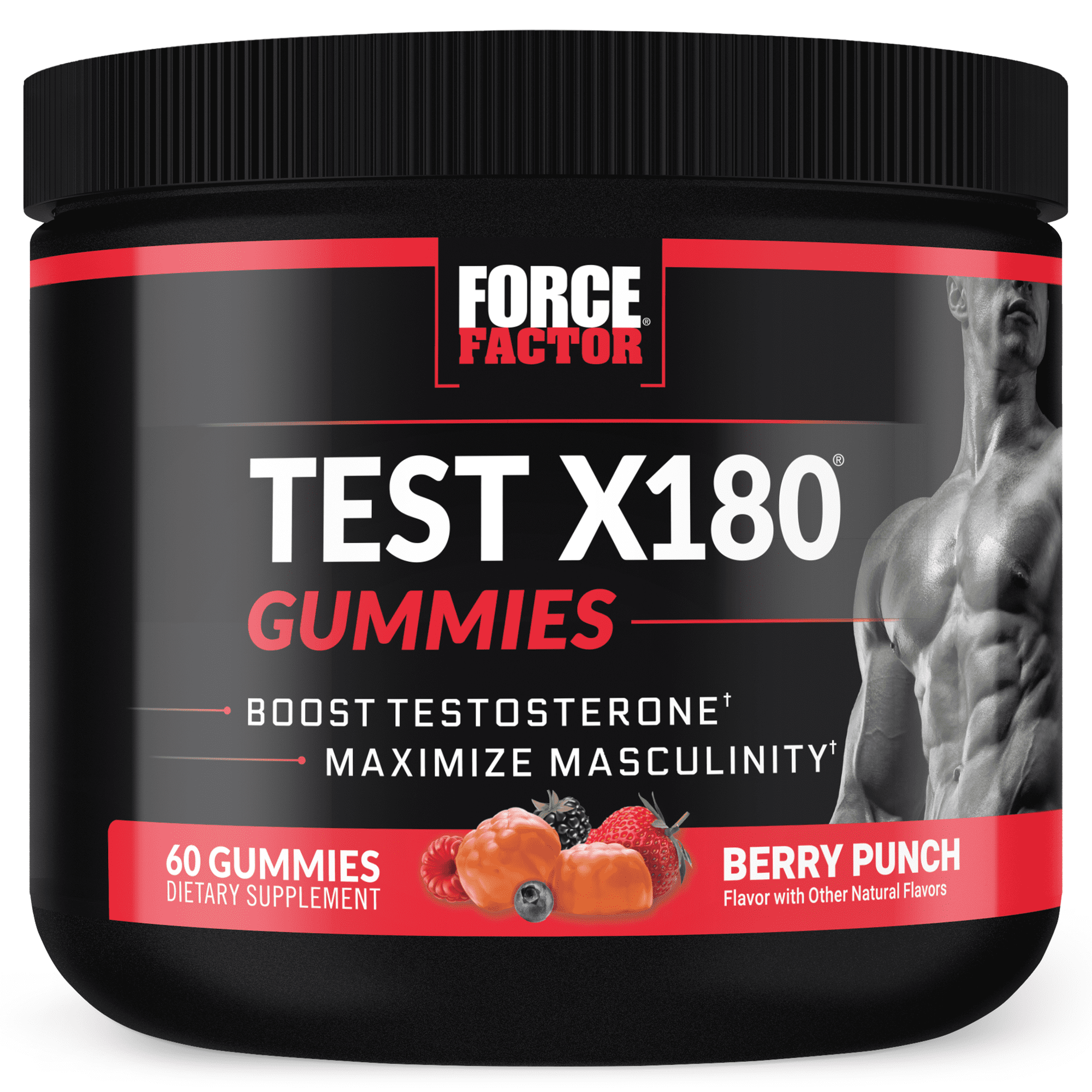 Force Factor Test X180 Gummies Testosterone Booster for Men with Tongkat Ali, Horny Goat Weed, Tribulus Terrestris, Fenugreek, and Black Maca, Testosterone Supplement for Men, Berry Punch, 60 Gummies