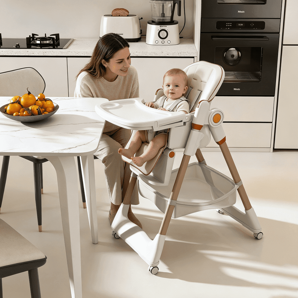 HAOMINS Baby High Chair, Portable Foldable Highchair with 5-Point Safety Belt, Dual Layer Tray, Reclining Backrest, Lockable Wheels for 0-6 Years for Home, Dining, Living Room, Bedroom