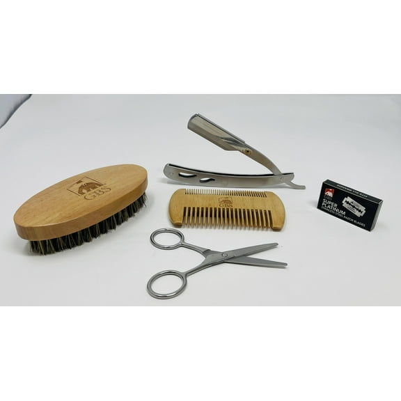 G.B.S Mens Beard Kit - Heavy Duty Stainless Shavette, Natural Boar Bristle Beard Brush Oval Bamboo Handle, Anti Static Two sided beard comb Professional Barber Scissors, and Blades!